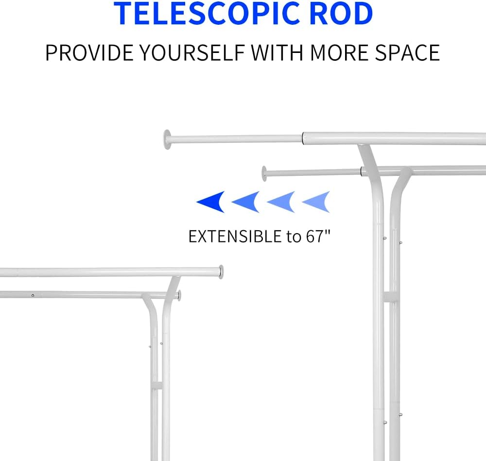 White 60" H Heavy Duty Double Rod Rolling Garment Clothes Rack