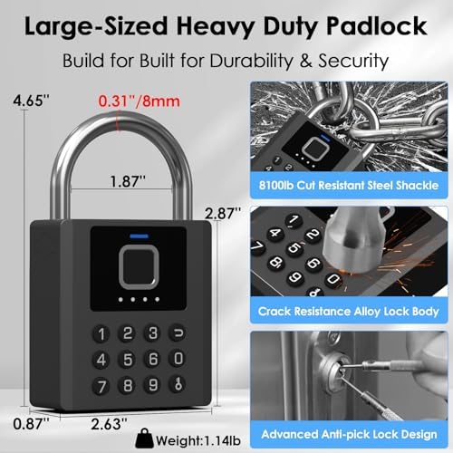 Smart Fingerprint Padlock with Code,Heavy Duty Combination Lock with Key,Blue...