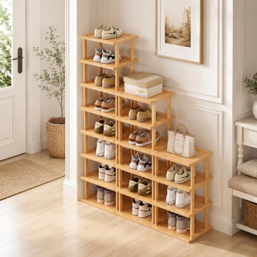 SAN HE Bamboo Shoe Rack 17 Tier- Vertical Shoe Rack for Small Spaces, Tall Na...