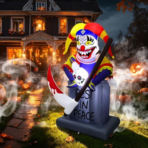 Lulu Home 6FT Halloween Inflatable Tombstone with Clown, White LED Lighted