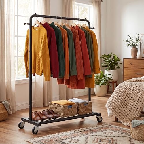 Sywhitta Metal Clothing Rack on Wheels with Mesh Shelf, for Clothes,Black