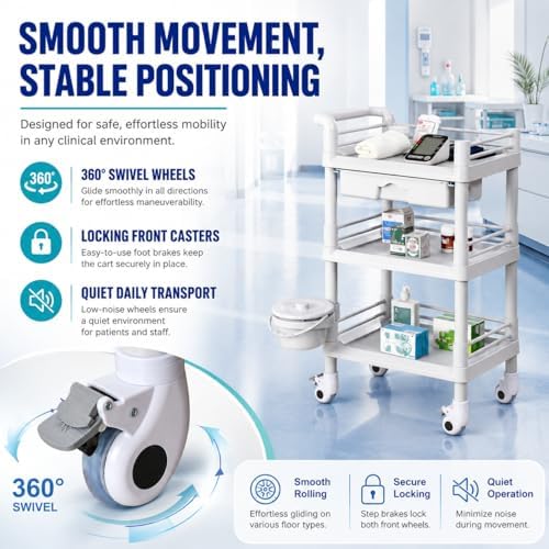 Rolling Utility Cart,Qiwey Utility Cart with Big Drawer,3-Tier Esthetician Ca...