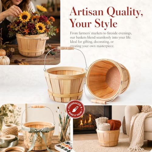 Okllen 2 Pack Round Wooden Baskets with Handle, Empty Wood Fruit Buckets, Eas...