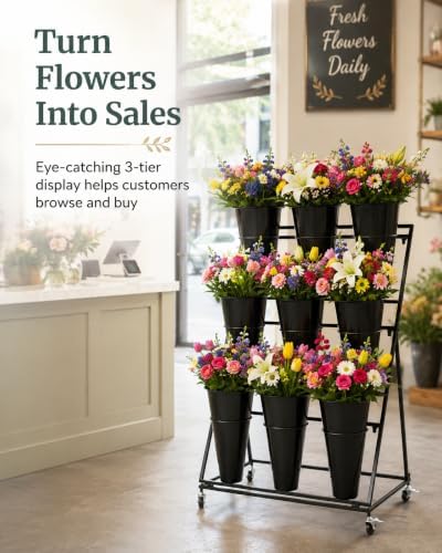 Flower Display Stand with 9 Buckets, 3-Tier Metal Flower Cart with Wheels, He...