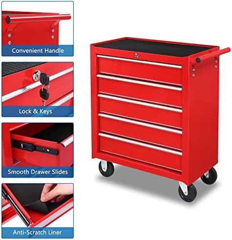 TUFFIOM 5-Drawer Rolling Tool Chest w/Drawers & Lock, Tool Storage Cabine...