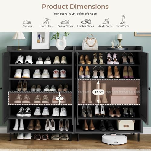 Shoe Storage Cabinet with 2 Doors, 6-Tier Shoe Cabinet with 3 Adjustable Shel...