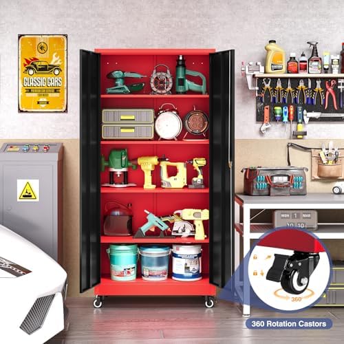Metal Garage Storage Cabinet with Locking Doors and Adjustable Shelves, Wide ...