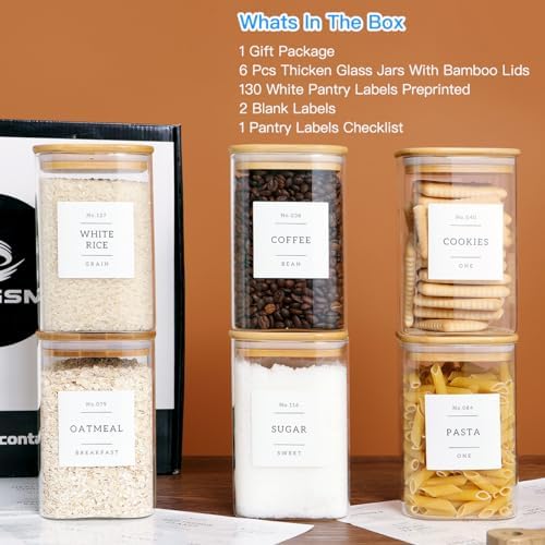 CZZGSM 6 Pack Square Kitchen Storage Jars with Airtight Bamboo Lids and 132 P...