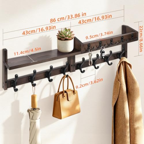 33.86" Wall Mounted Coat Rack with Shelf, 13 Hooks Pre-Assembled