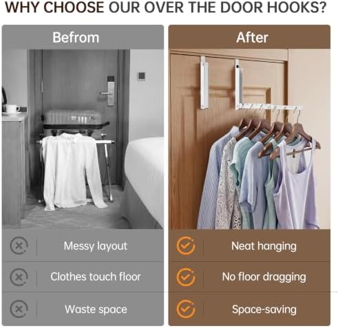 Over Door Hanger - 4Pcs Foldable Over The Door Hooks with 10 Ridges, Double F...