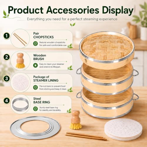 2-Tier Bamboo Seafood Steamer Basket 10 Inch for Cooking Dumplings, Vegetable...