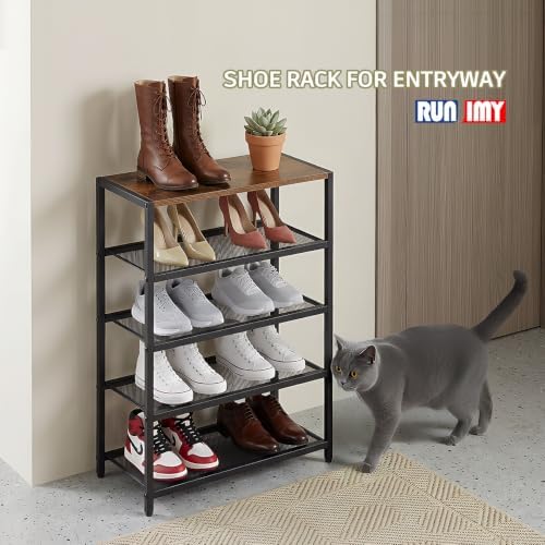 5 Tier Narrow Shoe Rack with Wood Top, Metal Shoe Organizer