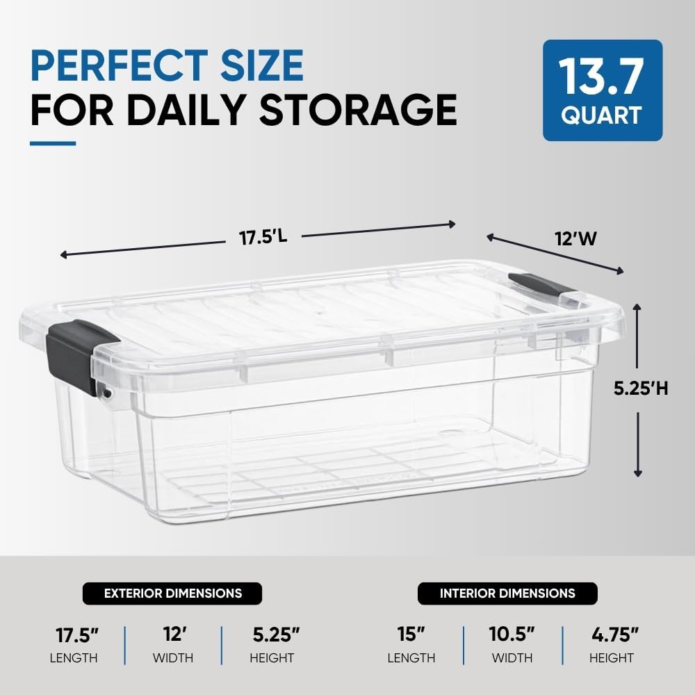 Superio 13.7 Quart Clear Plastic Storage Bin with Lid, Stackable Organizer Bo...