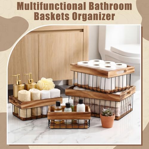 4 Pack Metal Wire Storage Basket, Multiple Sizes Basket with Handles Wooden T...