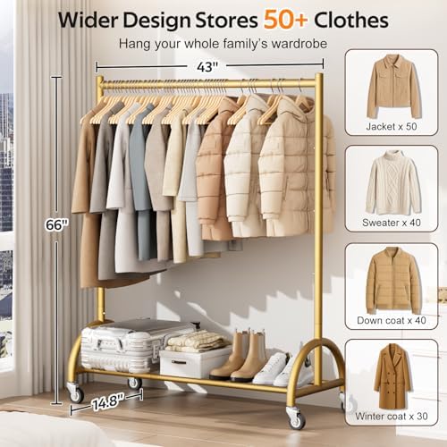 MISSLO Heavy Duty Clothing Rack with Wheels Rolling Clothes Racks for Hanging...