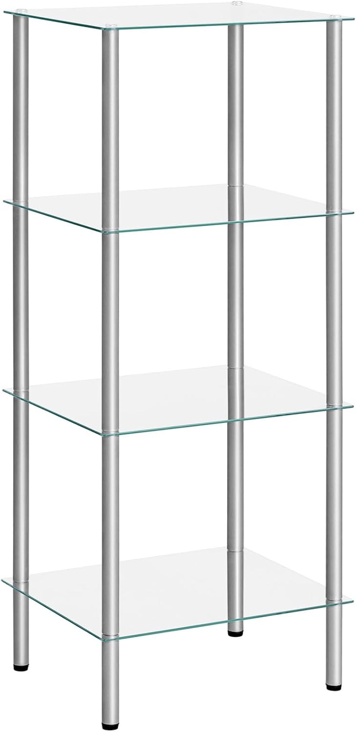HOOBRO Glass Shelf, 4 Tier Bathroom Standing Shelf Unit, Tempered Glass Shelv...