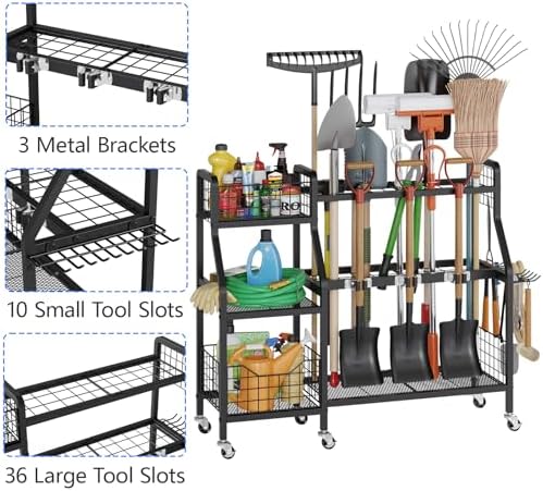 keomaisyto Heavy-Duty Garden Tool Organizer with 6 Wheels and 2 Baskets