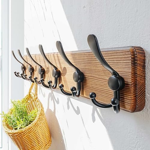Dseap Coat Rack Wall Mounted - 24" Long 6 Tri Hooks, Heavy Duty Wooden W...