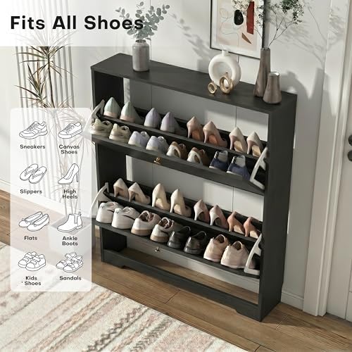 Nicetree Shoe Storage Cabinet with 2 Flip Drawer, Narrow Slim 2-Tier Shoe Org...