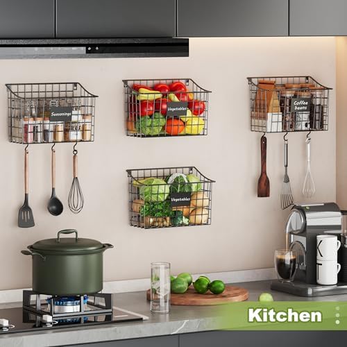 Wall Basket with Label Plate & 5 S-Hooks –4 Pack Hanging Wire Basket for ...