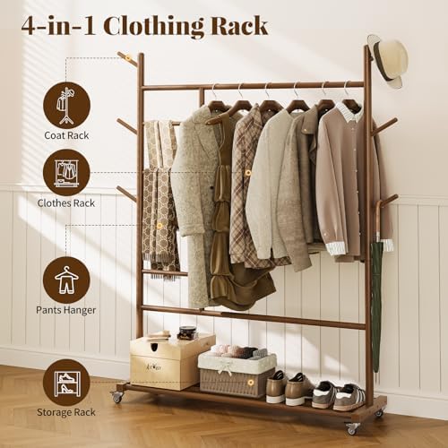 Yoobure Solid Wood Clothing Rack, 4-in-1 Wooden Clothes Rack with Wheels