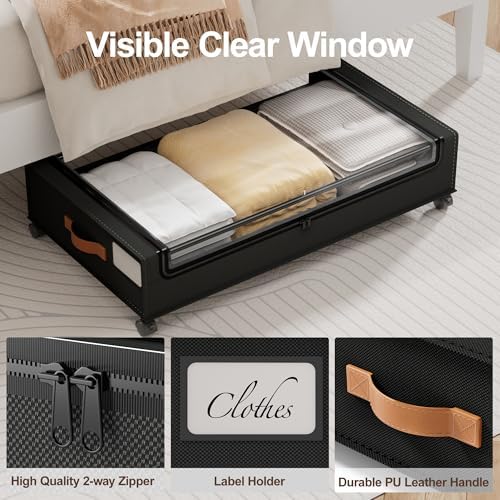LAMU Under Bed Storage with Wheels, 2Pack Underbed Storage Containers,Black