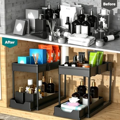 DEKAVA Under Sink Organizer 2 Pack, Bathroom Cabinet Organizer, 2 Tier Slidin...