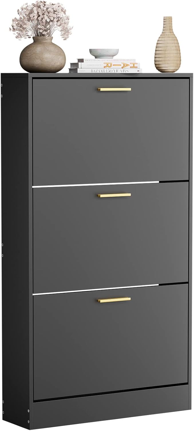 JOZZBY Modern Shoe Cabinet Storage with 3 Flip Drawers, Black丨Slim Freestandi...