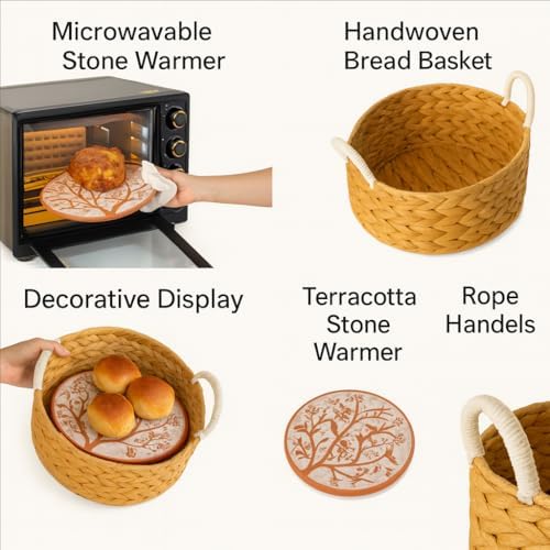 Bread Warmer Basket with Stone, 12 Inch Handwoven Wicker - Vintiquewise Round...