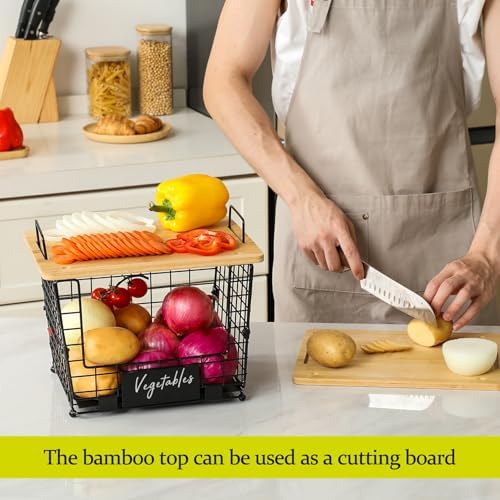 2 Set Large Stackable Wire Basket with Bamboo Tops & Tag- Pantry Organize...