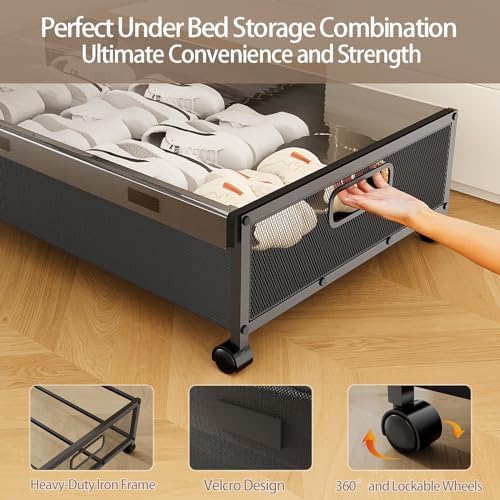 KITHELP Under Bed Storage with Wheels,2 Pack Under Bed Shoe Storage, Under th...
