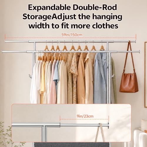 Heavy Duty Rolling Clothing Rack, Double Rod Clothing Storage Organizer
