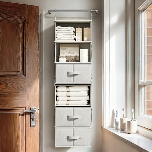 6-Shelf Hanging Closet Organizer with 3 Drawers, Separable, Silver Gray