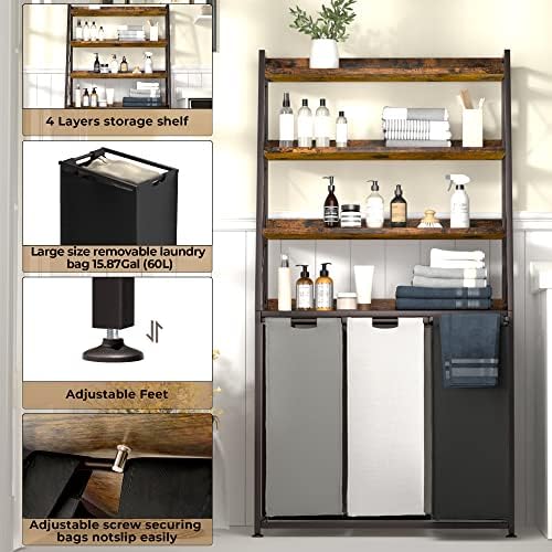 Herture Laundry Basket, 3 Section Laundry Hamper with 4 Tiers Shelf, Pull-Out...