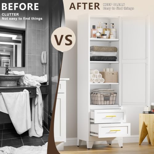 67" Tall Narrow Metal Storage Cabinet, Freestanding Pantry Organizer, White