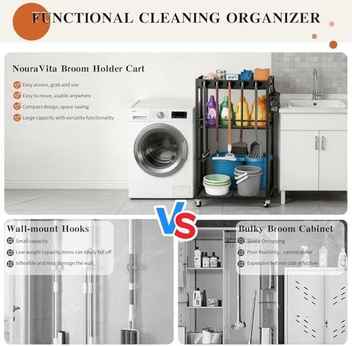Broom Holder with Cleaning Supplies Organizer,Rolling Cleaning Cart