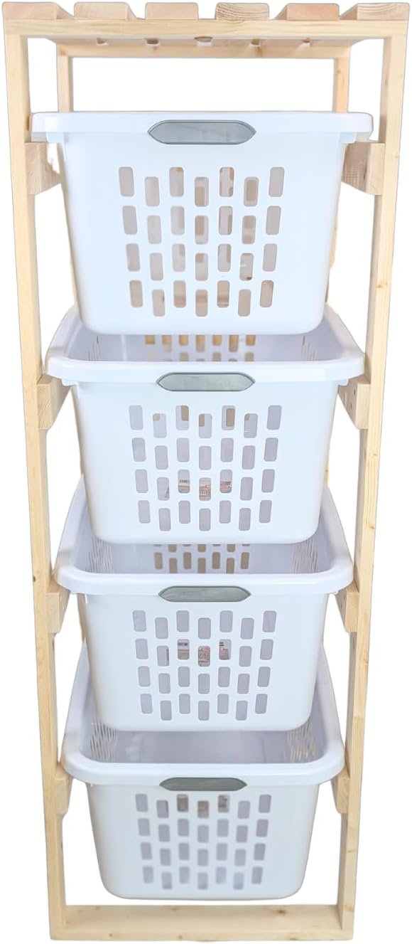 4 Tier Narrow Solid Wood Laundry Basket Storage Organizer