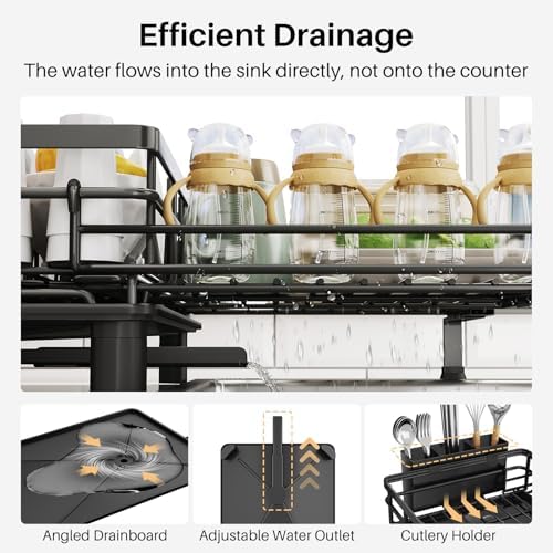 Expandable Dish Drying Rack for Kitchen Counter, Stainless Steel, Black