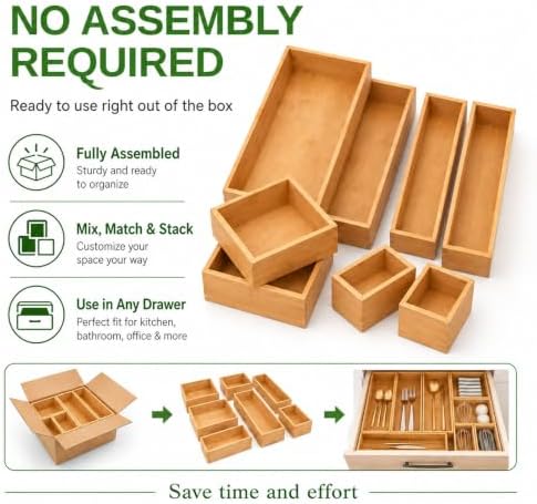 LEIMO KPARTS 8 Pcs Bamboo drawer Organizer Storage Box, Bin Set - Multi-Use b...