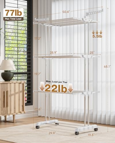 Bigzzia Clothes Drying Rack Folding with Wheels Laundry Rack 4 Tier