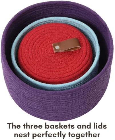 Set of 3 Small Woven Baskets with Lids, Cotton Rope Round Nesting Storage Bas...