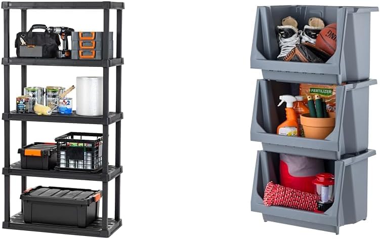 Bundle of IRIS USA 5-Shelf Heavy Duty Plastic Storage Shelves, Black + IRIS U...