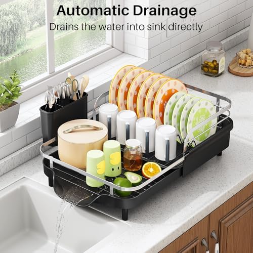 SAYZH Expandable Dish Drying Rack for Small Kitchen Counter, Black