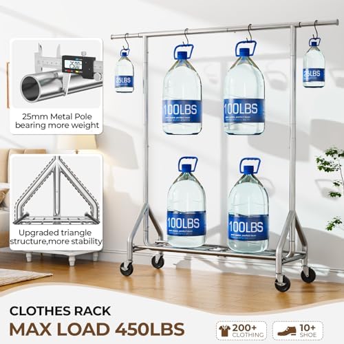 HYSEYY Heavy Duty Clothes Rack Load 450 LBS, Metal Garment Rack, Standing Rol...
