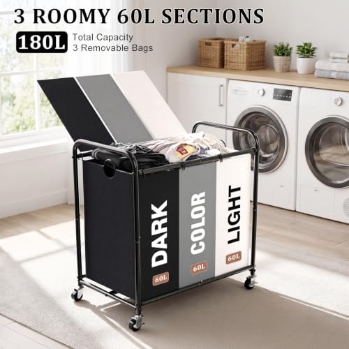 YKDIRECT 180L Laundry Hamper with Wheels and Lid, 3 Section Laundry Sorter