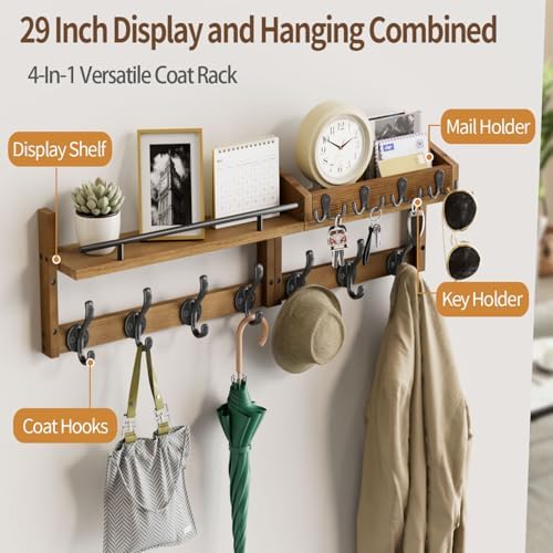 29 inch Coat Rack Wall Mount with Shelf, Entryway Wall Shelf with Hooks, Heav...