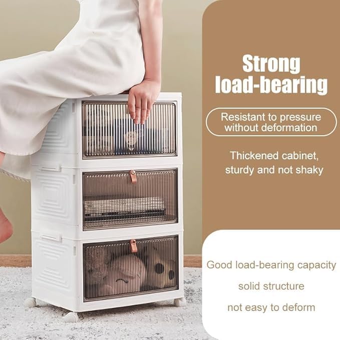 4-Tier Foldable Plastic Drawer Storage with Wheels,Stackable Storage Bins wit...