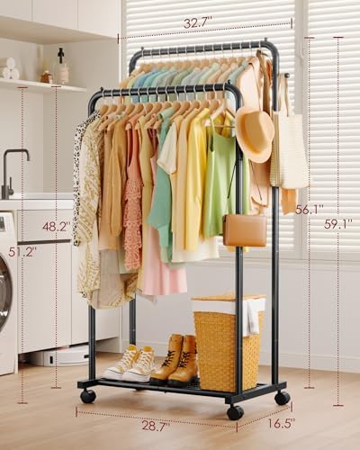 Sakugi Double Rod Clothes Rack Mesh Shelf & Hooks, 28.7x16.5x59.1, Black