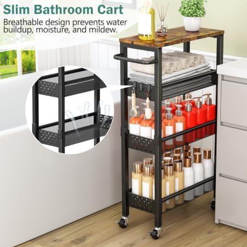 Vivihomety 4-Tier Slim Utility Rolling Laundry Cart with Wheels, Metal