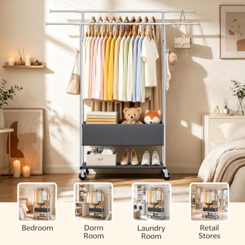 Heavy Duty Rolling Clothing Rack, Double Rod Clothing Storage Organizer